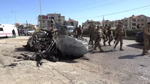 At least two killed in Israeli attack in eastern Lebanon, Bekaa Valley, LB - 06  Video stock 330237729