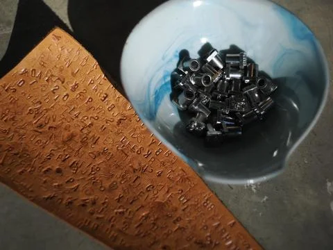 Leather and craft tools on table, Stock Photos