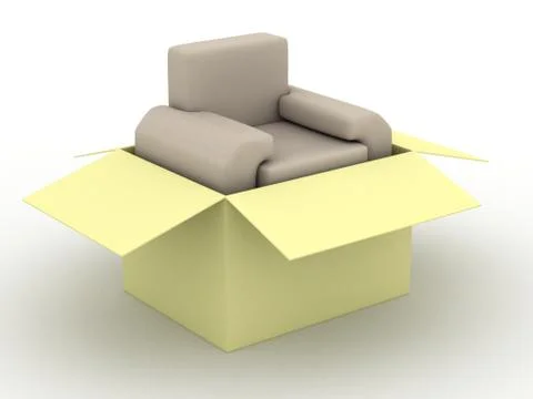 Leather armchair in a packing box. 3D image. Stock Illustration
