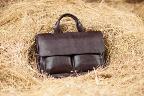 Leather bag in the hay Stock Photos