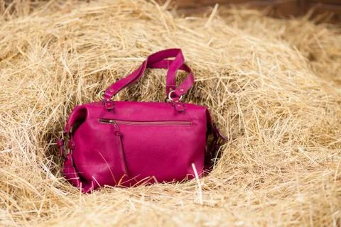 Leather bag in the hay Stock Photos