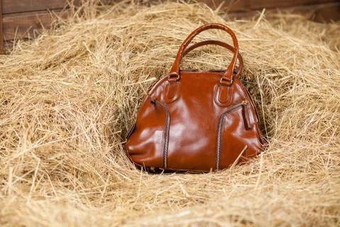 Leather bag in the hay Stock Photos