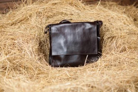 Leather bag in the hay Stock Photos