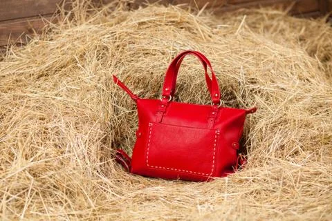 Leather bag in the hay Stock Photos