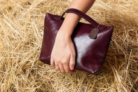 Leather bag in the hay Stock Photos