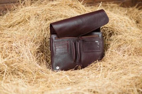 Leather bag in the hay Stock Photos