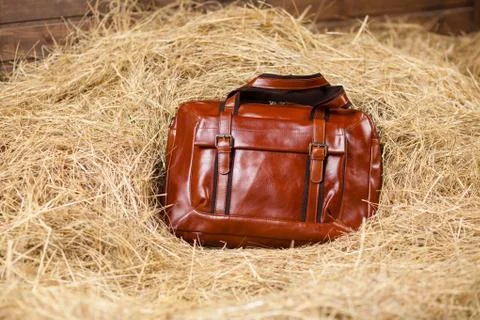 Leather bag in the hay Stock Photos