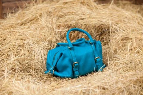 Leather bag in the hay Stock Photos