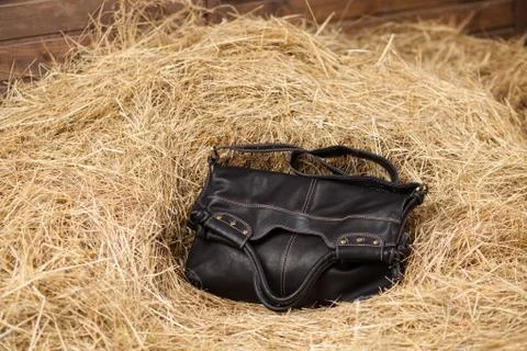 Leather bag in the hay Stock Photos