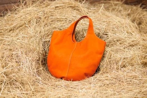 Leather bag in the hay Stock Photos