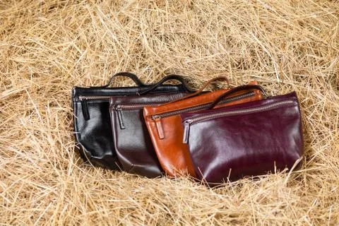 Leather bag in the hay Stock Photos