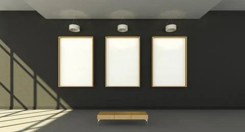 Leather bench in front of 3 vertical rectangular frames at a gallery mock up Stock Illustration