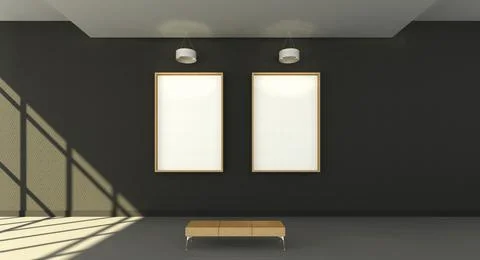Leather bench infront of two vertical rectangular frames at a gallery mock up Stock Illustration