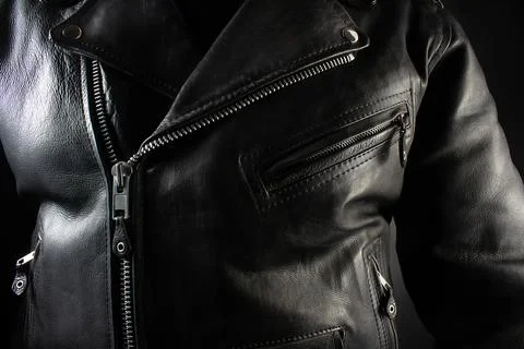Leather biker jacket closeup. Stock Photos