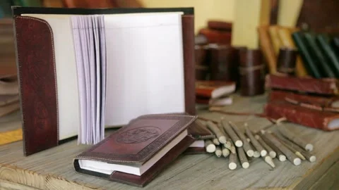 Leather-Bound Journals and Twig Pencils on Wooden Table Stock Footage 345279079