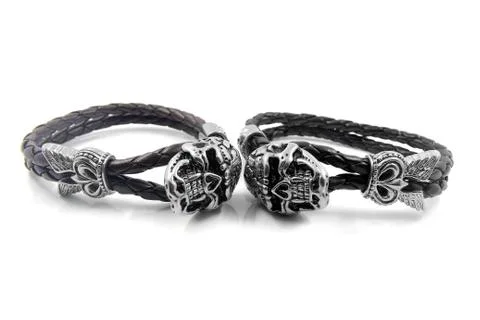 Leather bracelet with the devil skull Stock Photos