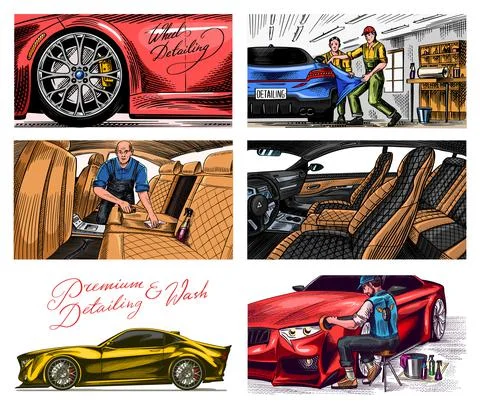 Leather car seat. Auto detailing. Dry cleaning motor. Wrapping Specialist Stock Illustration