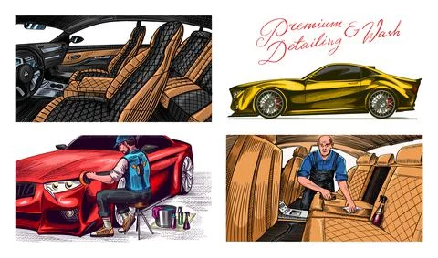Leather car seat. Auto detailing. Dry cleaning motor. Wrapping Specialist Stock Illustration