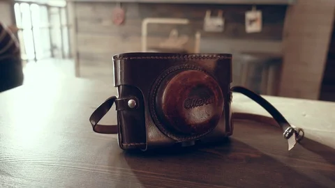 Leather case of old camera of 1950s Stock Footage 111837247
