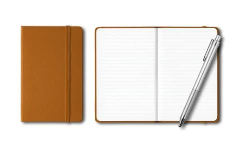 Leather closed and open notebooks with a pen isolated on white Stock Photos
