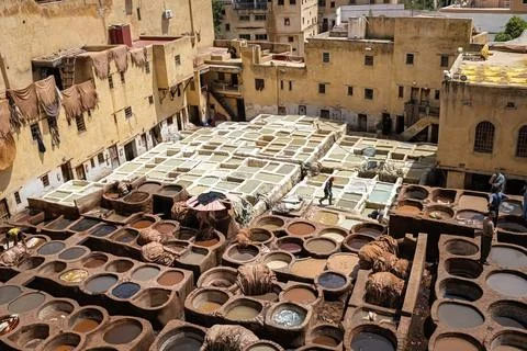 Leather coloring at  the tannery top view in Fes, Morocco Foto stock