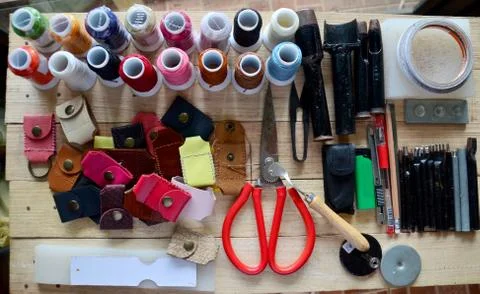 Leather craft tools for Handmade key ring and small bag Stock Photos