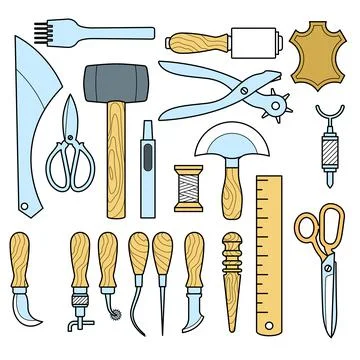 Leather craft working tools set, shoemaker tools for handicraft, vector Stock Illustration