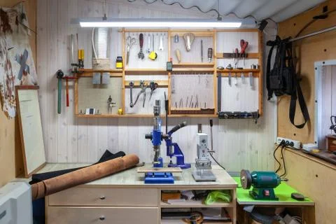 Leather craft workshop interior. Stock Photos