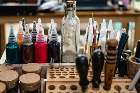 Leather craftman table. Stock Photos