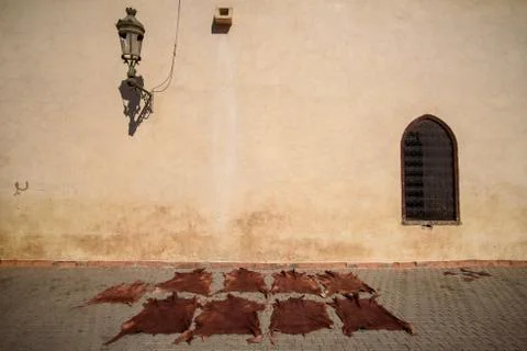 Leather drying in a Moroccan tannery Stock Photos