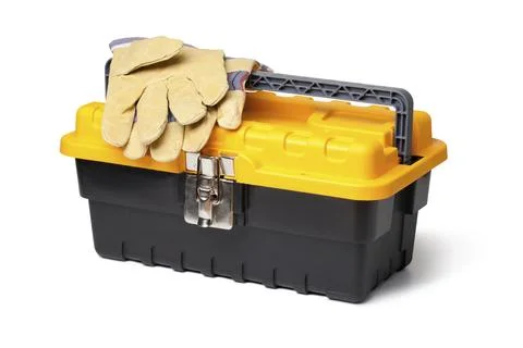 Leather Gloves and toolbox isolated on white Stock Photos