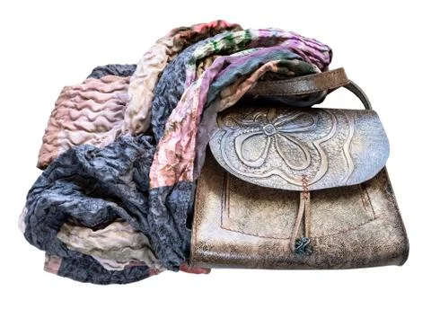 Leather handbag wrapped of the patchwork scarf Foto stock