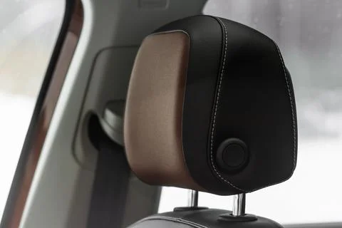 Leather headrest in car interior. Stock-Fotos