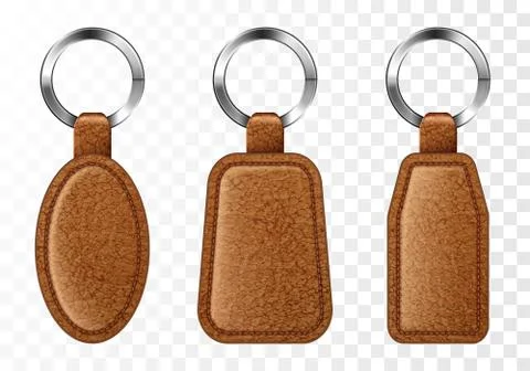 Leather keychains, brown keyring holders set. Ilustración de archivo