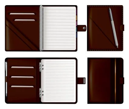 Leather note book set. Realistic brown notebook mockups for branding and Stock Illustration