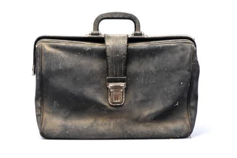 Leather retro briefcase, view in front, black color, flapover, isolated on white 스톡 사진