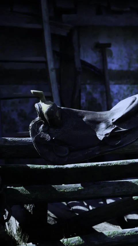 Leather saddle resting on a rustic wooden bench in a dimly lit barn Stock Footage 331817514