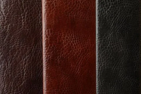 Leather samples of different colors for design as background, closeup Stock Photos