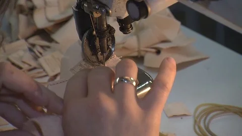 Leather sewing with a sewing machine.The Process Of Making Shoes Stock Footage 90271133