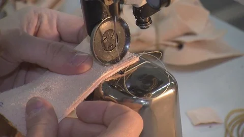 Leather sewing with a sewing machine.The Process Of Making Shoes Stock Footage 90271151