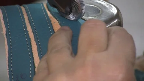 Leather sewing with a sewing machine.The Process Of Making Shoes Stock Footage
