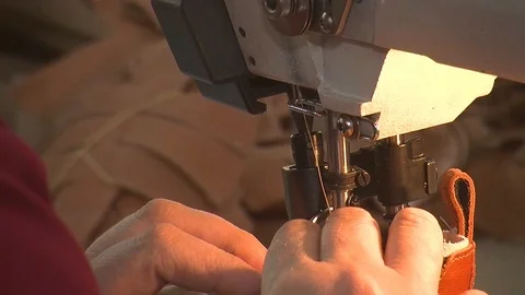 Leather sewing with a sewing machine.The Process Of Making Shoes Stock Footage 90271379