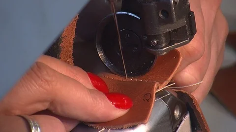 Leather sewing with a sewing machine.The Process Of Making Shoes Stock Footage 90271974