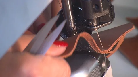 Leather sewing with a sewing machine.The Process Of Making Shoes Stock Footage 90272243