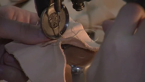 Leather sewing with a sewing machine.The Process Of Making Shoes Stock Footage 90272678