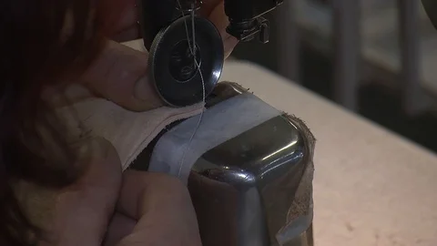 Leather sewing with a sewing machine.The Process Of Making Shoes Stock Footage 90272914