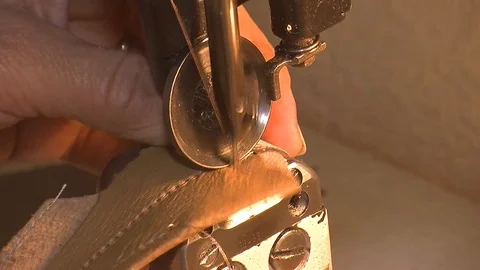 Leather sewing with a sewing machine.The Process Of Making Shoes Stock Footage 90277770