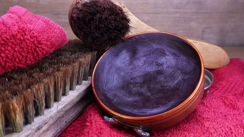 Leather Shoes Basic Cleaning Set of Brush Cloth and Polish Wax Close Up Video stock 146199484