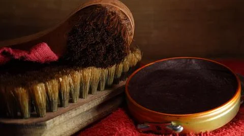 Leather Shoes Basic Cleaning Set of Brush Cloth and Polish Wax Close Up Stock Photos