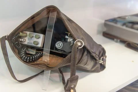 Leather shoulder bag with hidden camera and microphone. Stock Photos